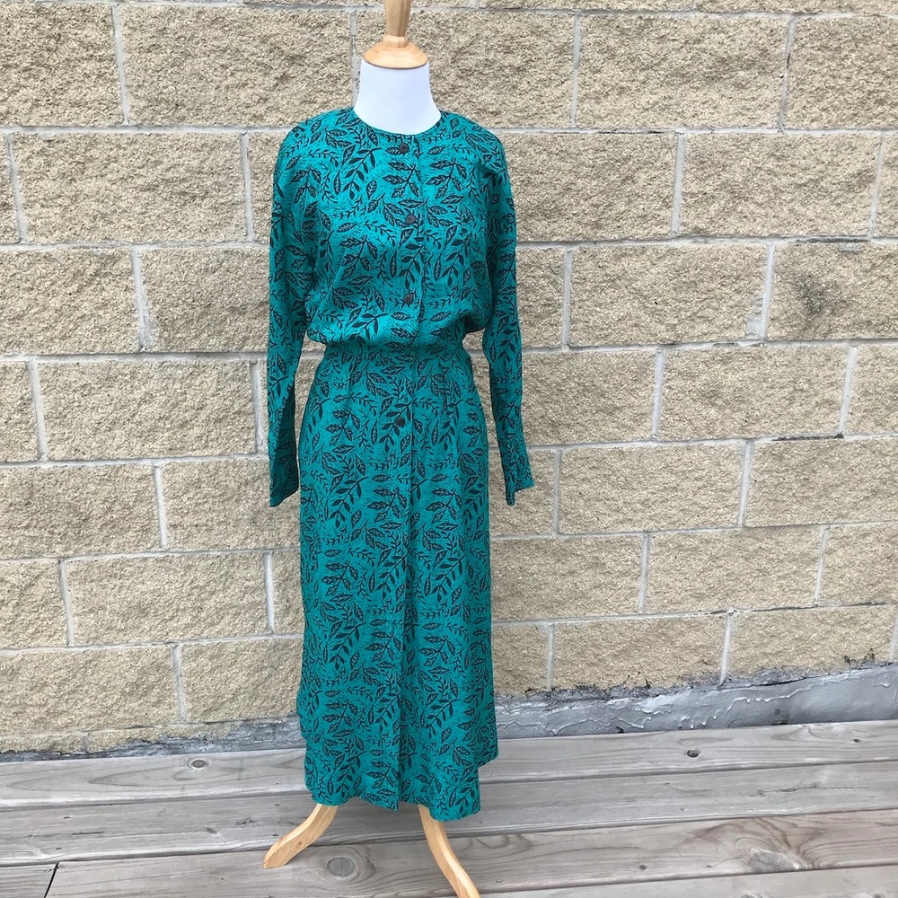 Vintage 70s Korean silk floral teal dress